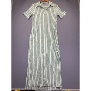 Reserved Womens Green White Striped Button Down Maxi Shirt Dress Size L no belt